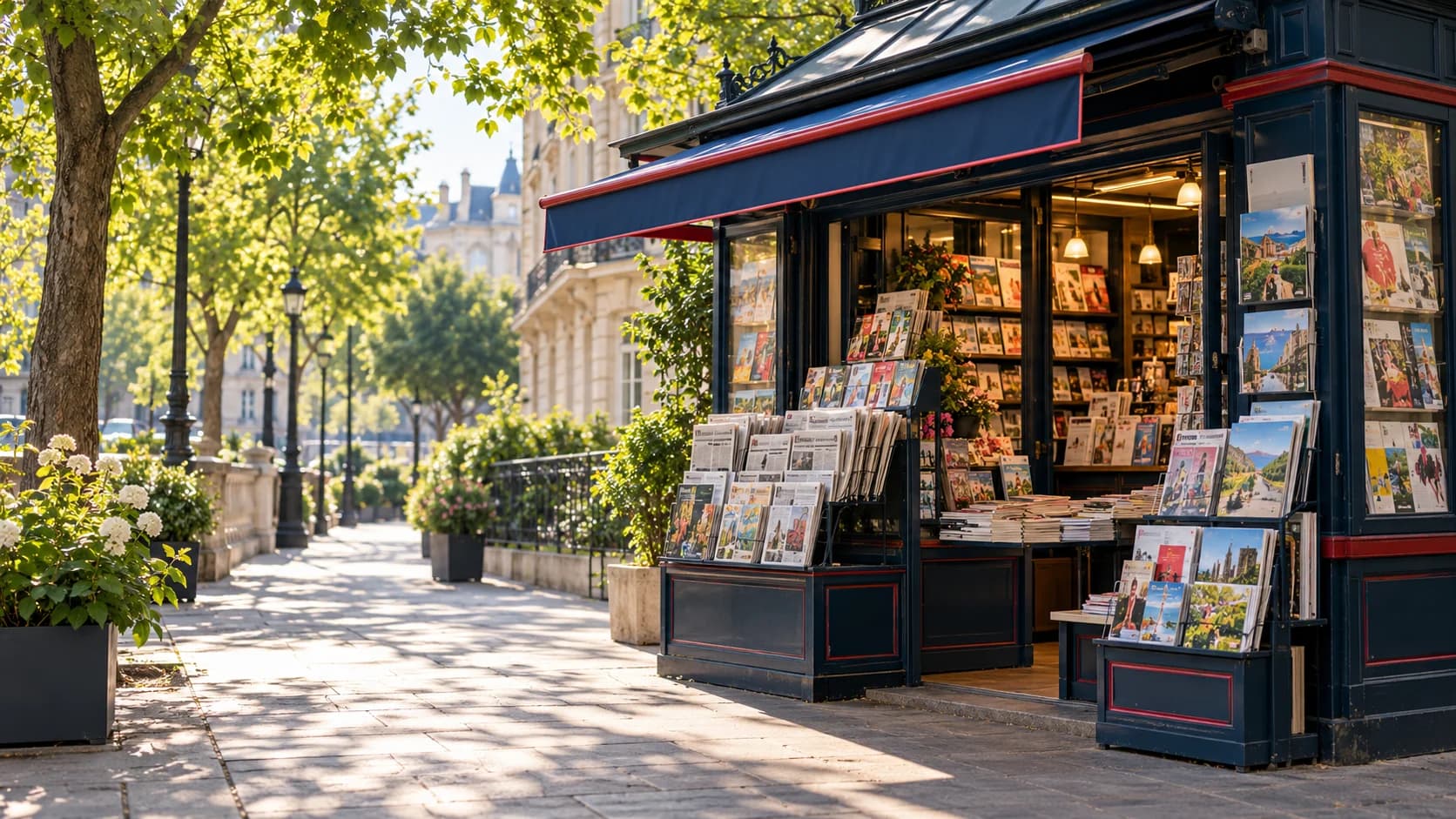 Illustration : kiosque de presse lumineux avec journaux et magazines